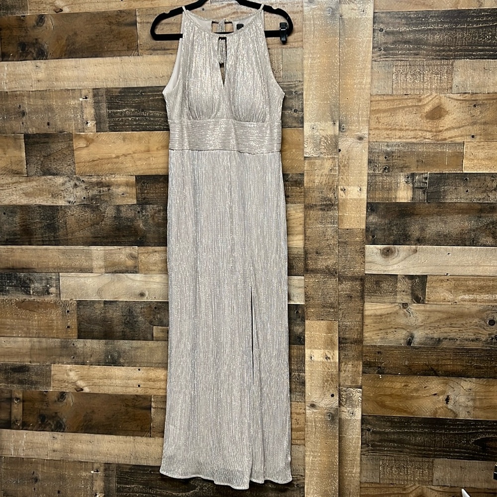 R & M Richards Metallic Gold Halterneck Gown‎ Dress with Thigh Slit SIZE 12 $129